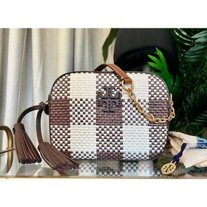Authentic Tory Burch Brown and White Woven Plaid McGraw Camera Bag
